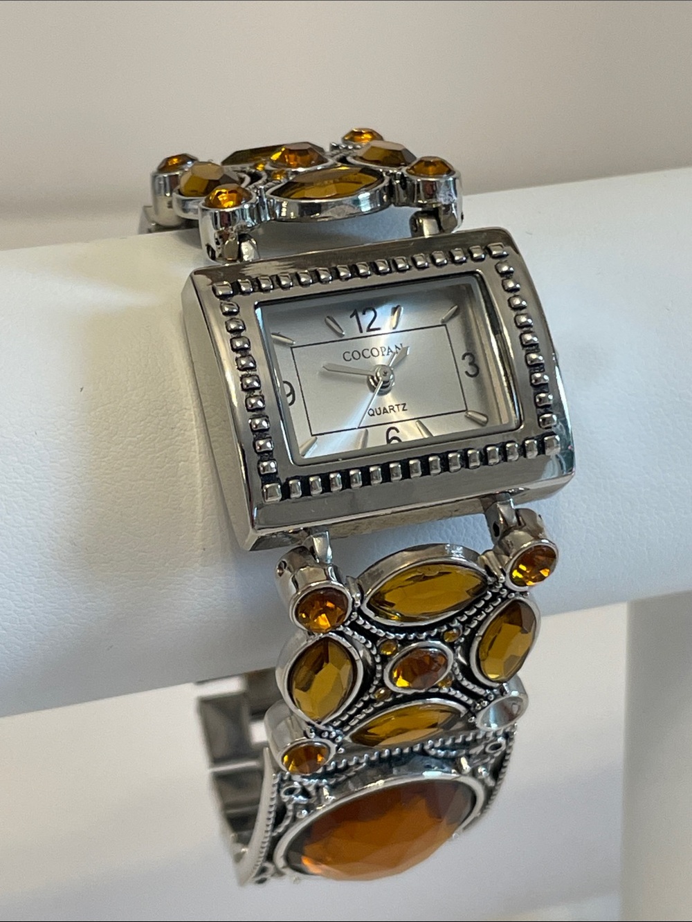 Cocopan Quartz Silver-Tone Amber Colour Crystal Bracelet Watch